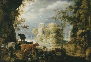 Roelandt Savery - A wooded landscape with cows, birds and other animals by a lake, with a village beyond