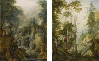 Roelandt Savery - Alpine Landscape With Torrent And Hunter; Alpine Landscape With Three Hunters