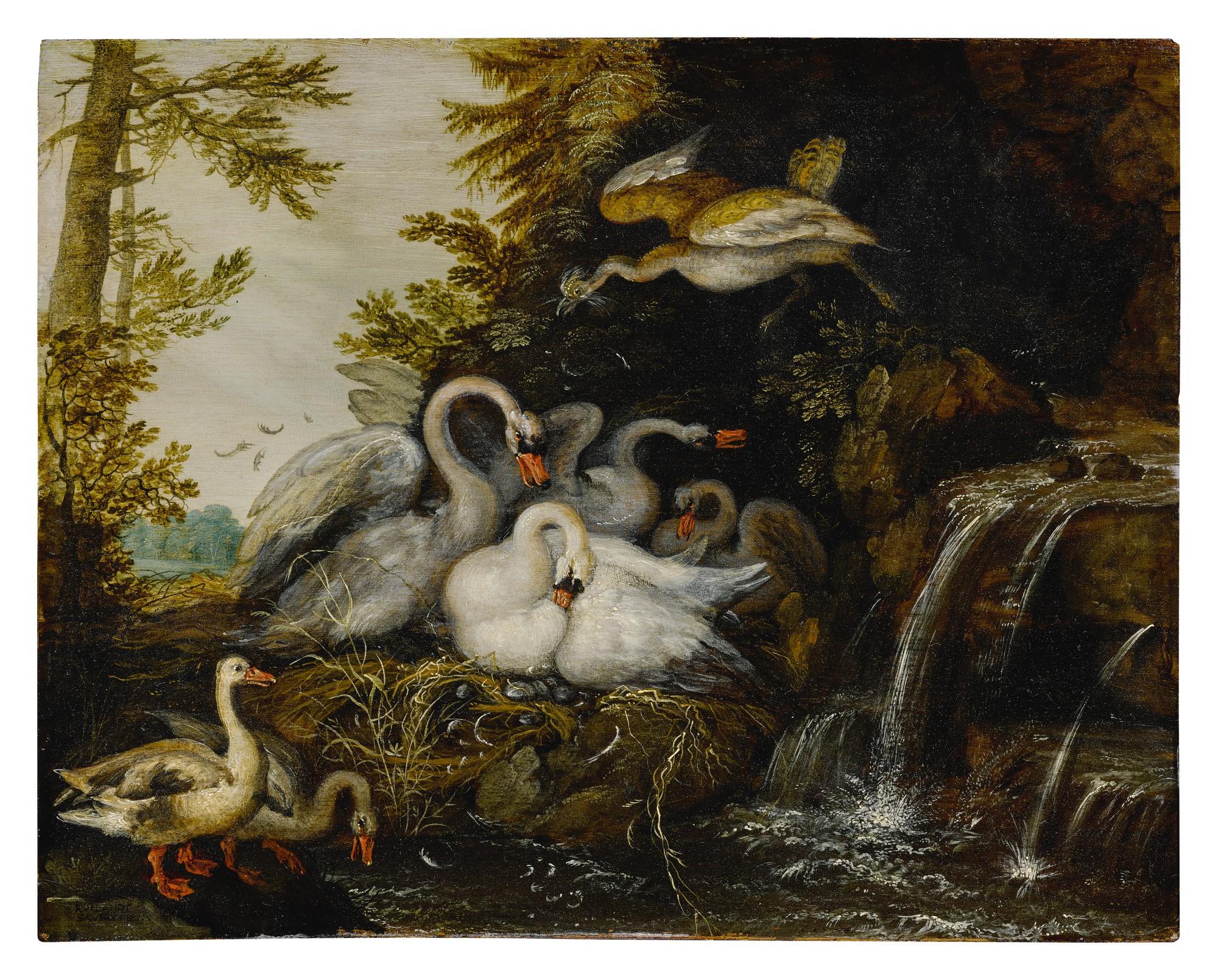 Roelandt Savery - Landscape with swans near a waterfall