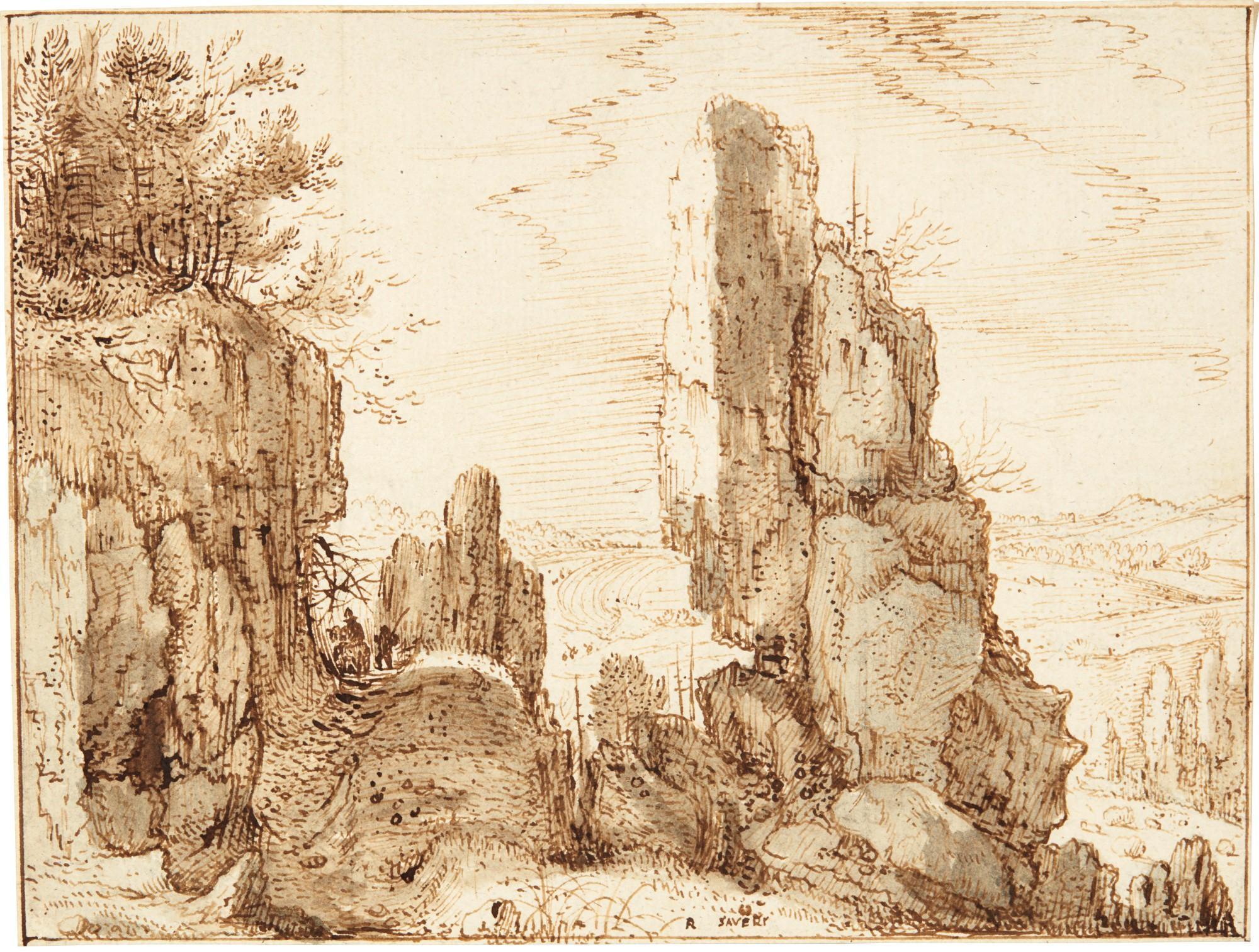 Roelandt Savery - Mountainous Landscape With Travellers On A Rocky Path