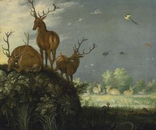Roelandt Savery - Three Stags In A Landscape