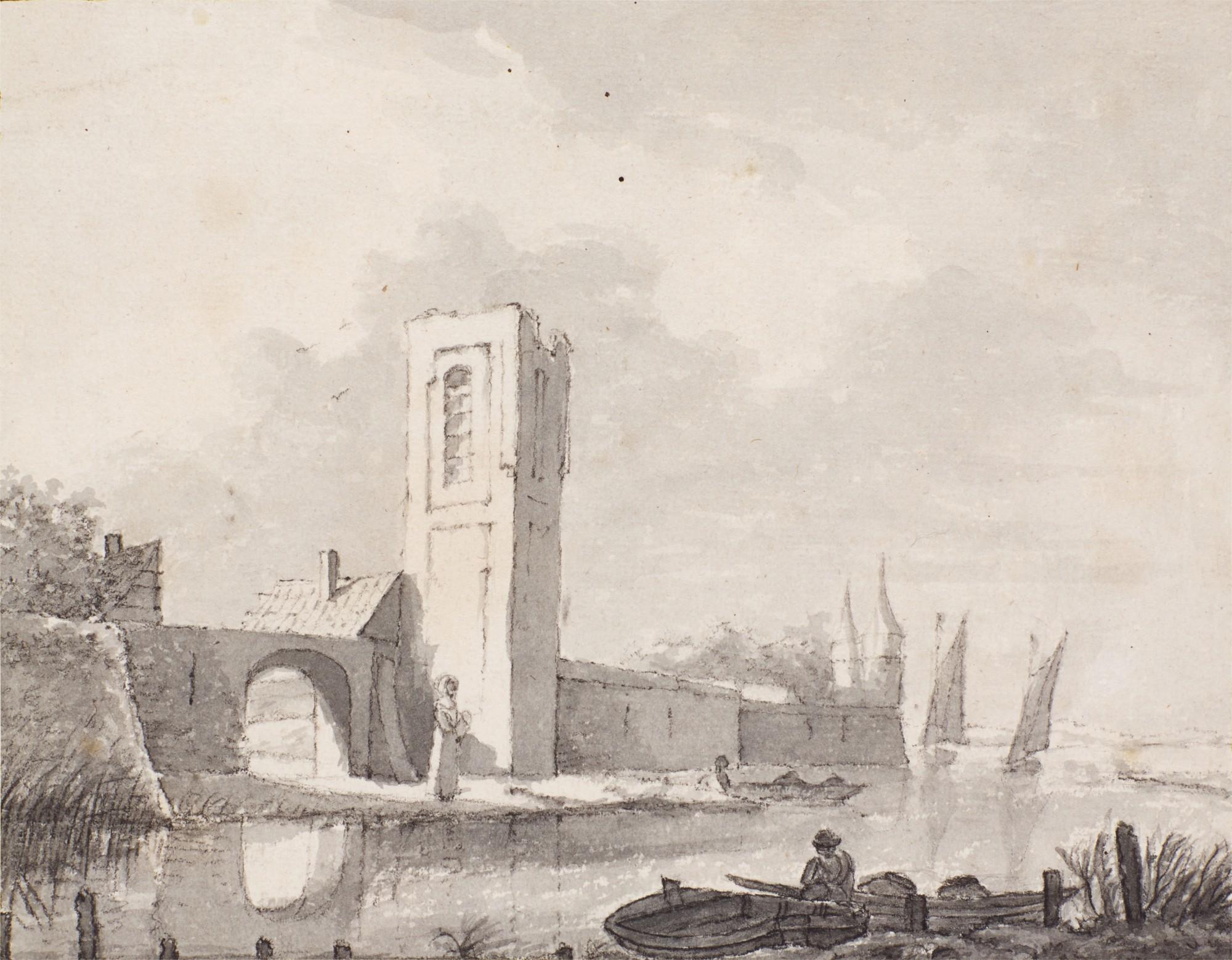 Roelant Roghman - A town wall with a tower by water