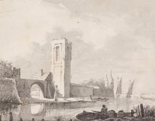 Roelant Roghman - A town wall with a tower by water