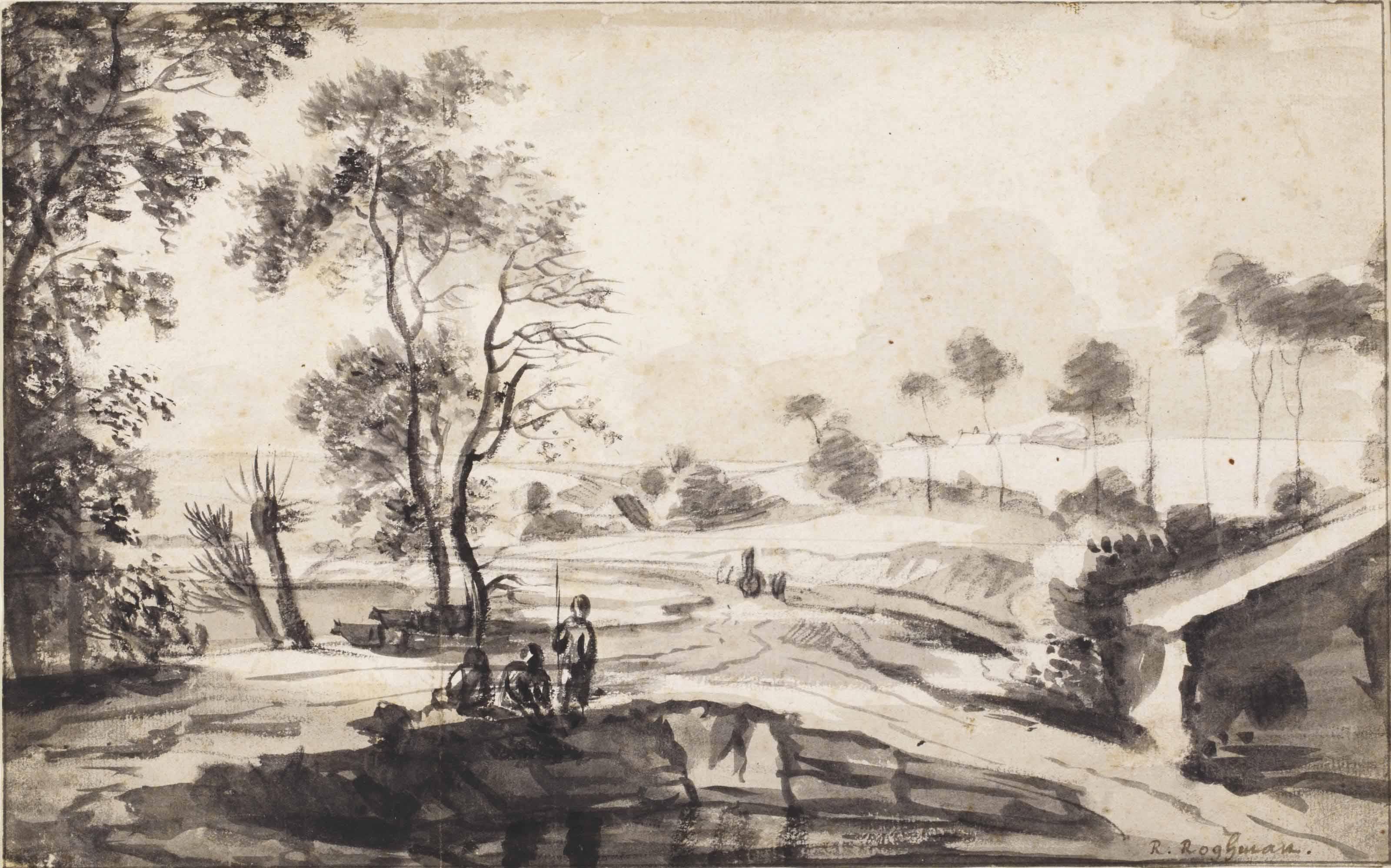 Roelant Roghman - A Wooded River Landscape With Fishermen