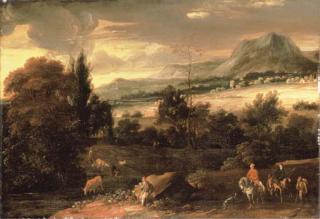 Roelant Roghman - An extensive mountainous landscape with travellers on a path and a shepherd resting by a river with cattle watering