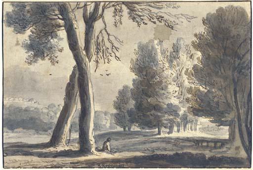 Roelant Roghman - An extensive wooded landscape, a figure seated under a tree in the foreground
