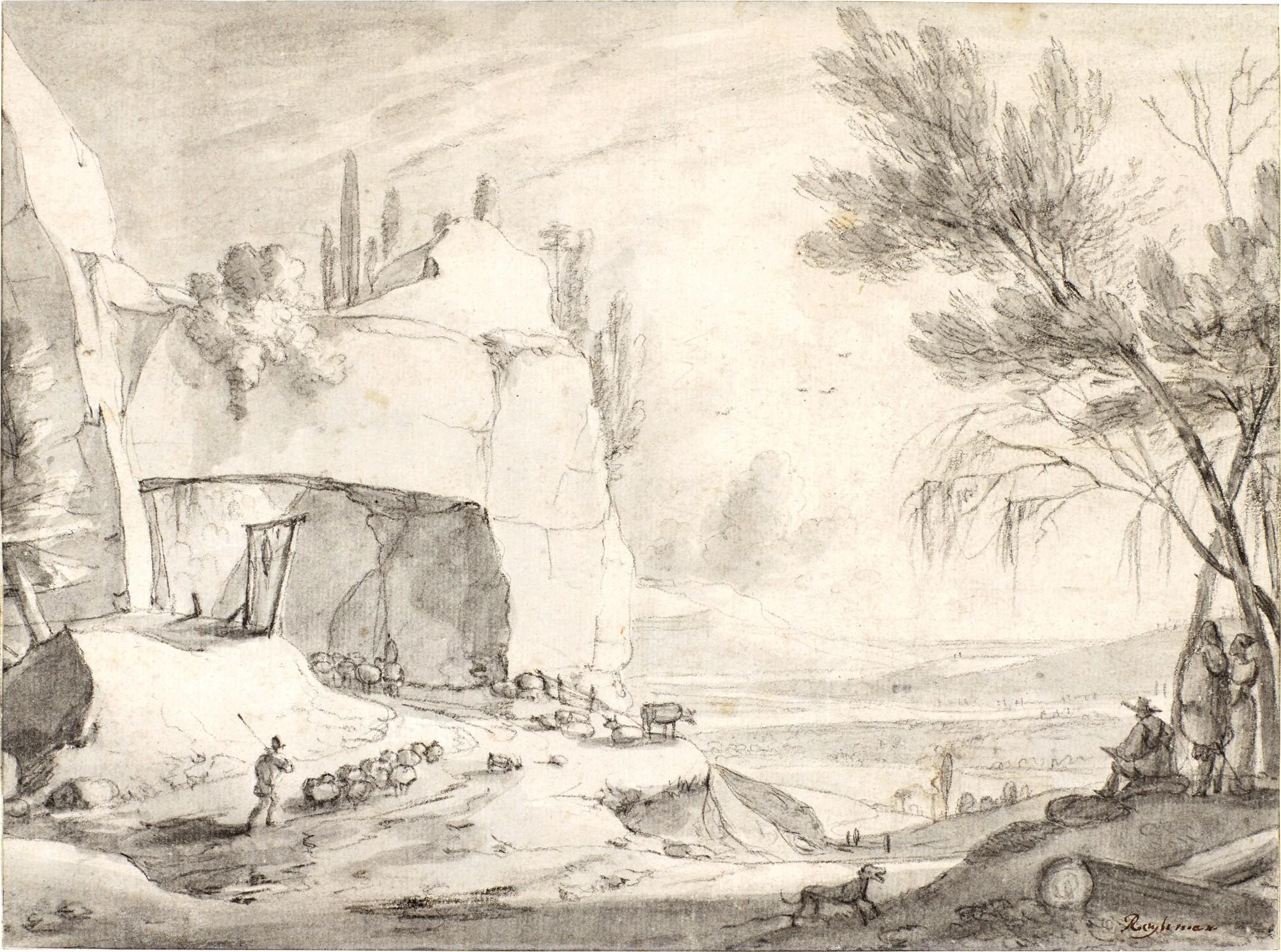 Roelant Roghman - Mountainous landscape with an artist sketching