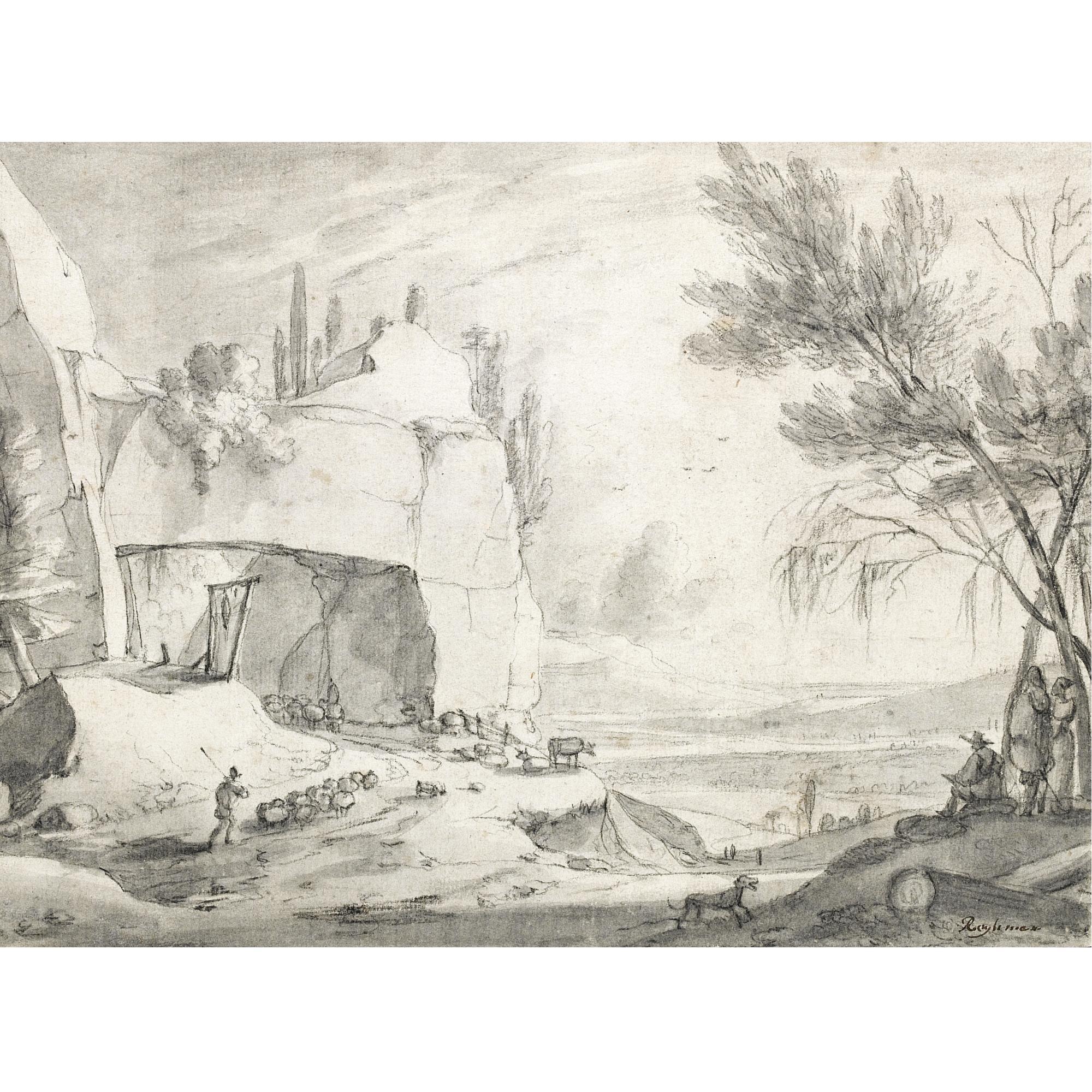 Roelant Roghman - Mountainous River Landscape, With Shepherds And Their Flocks Approaching A Rock Arch To The Left