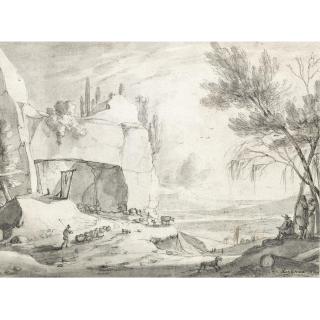 Roelant Roghman - Mountainous River Landscape, With Shepherds And Their Flocks Approaching A Rock Arch To The Left