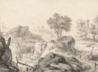 Roelant Roghman - Paysage fluvial escarpé, avec des promeneurs sur un chemin