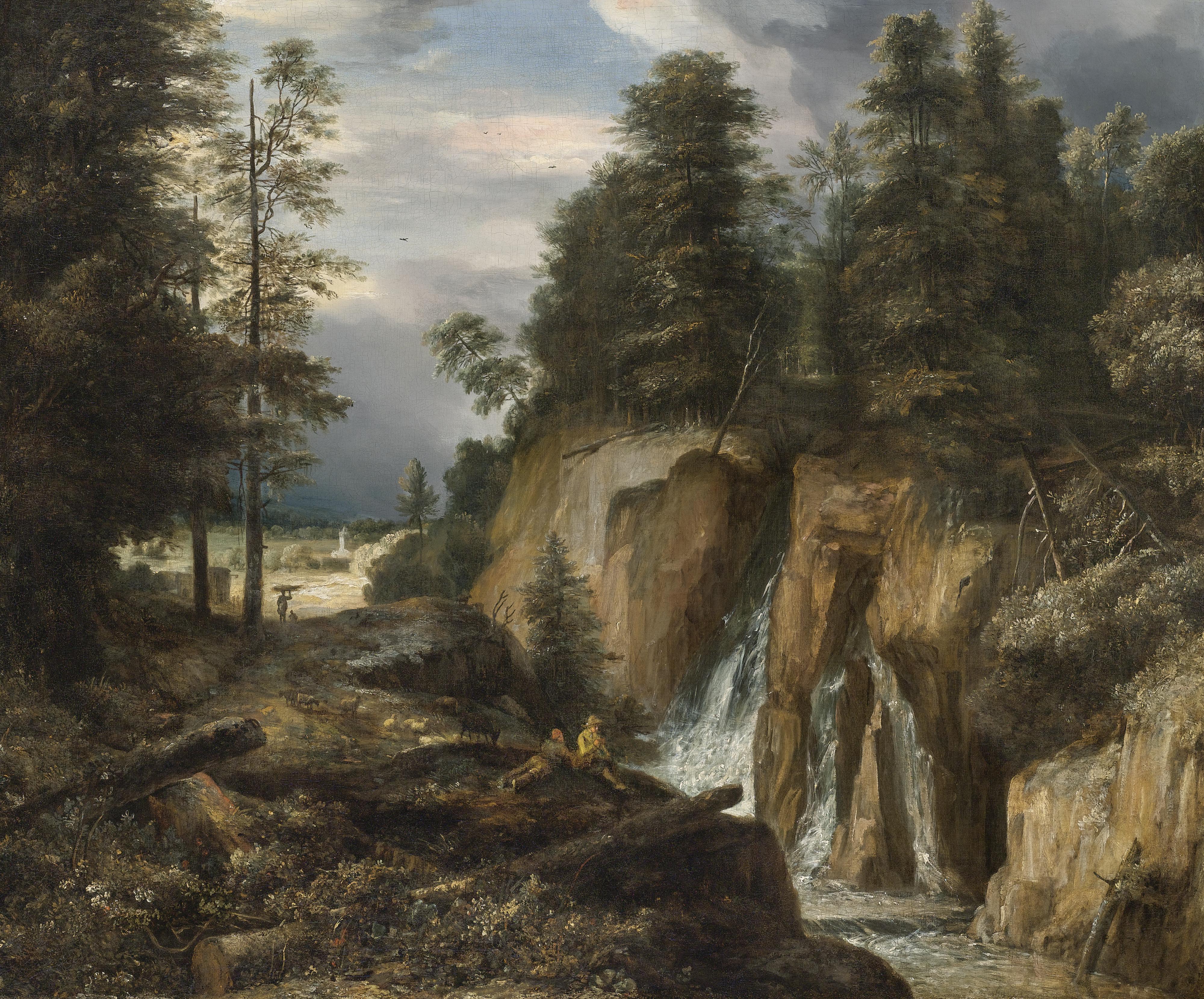 Roelant Roghman - Rocky Landscape With A Waterfall And Two Figures Resting