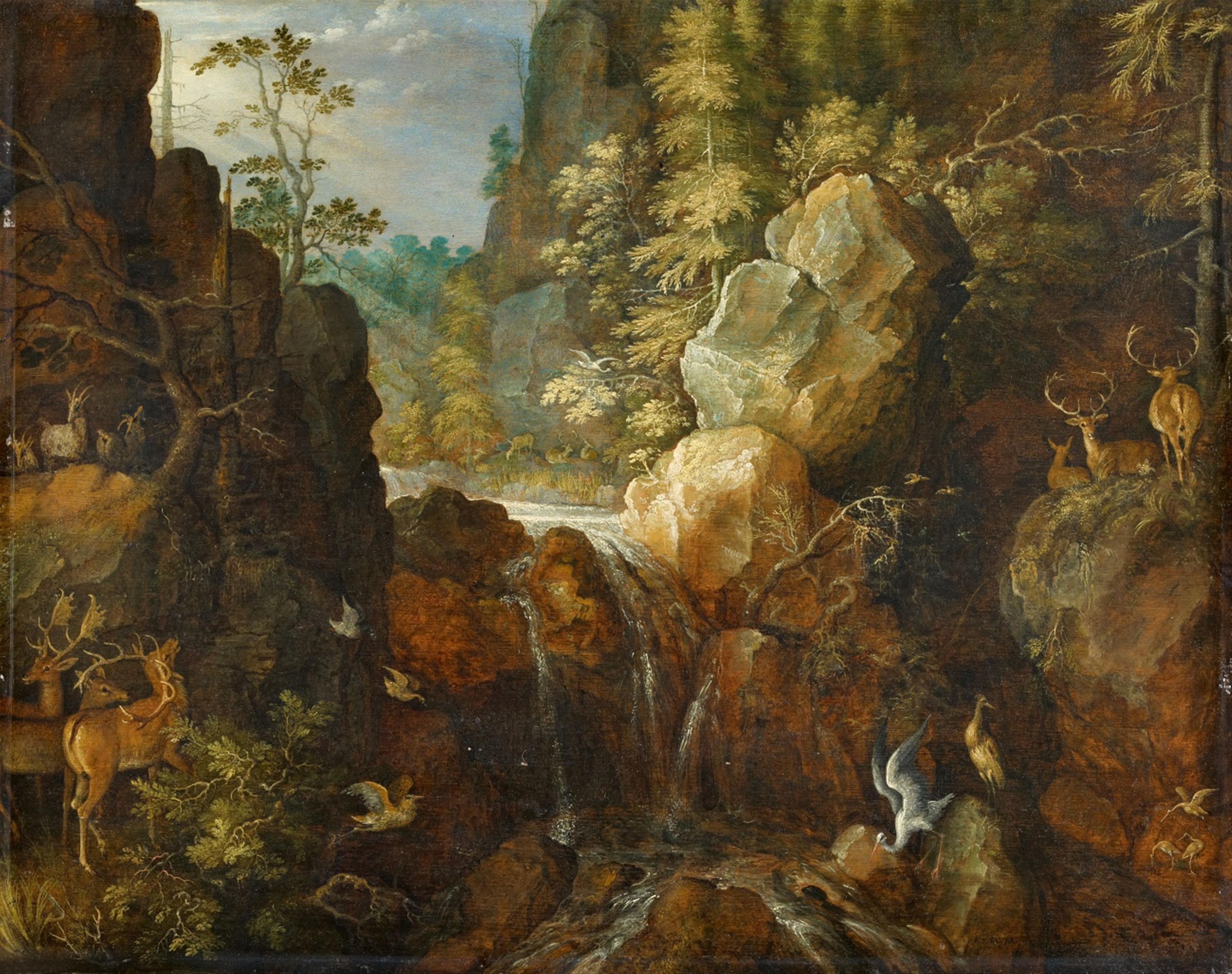 Roelant Savery - Gebirgslandschaft mit Storch und Hirschen bei einem Wasserfall