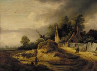 Roelof Jansz van Vries - A cloudy landscape with a father and son fishing in a pond near a cottage