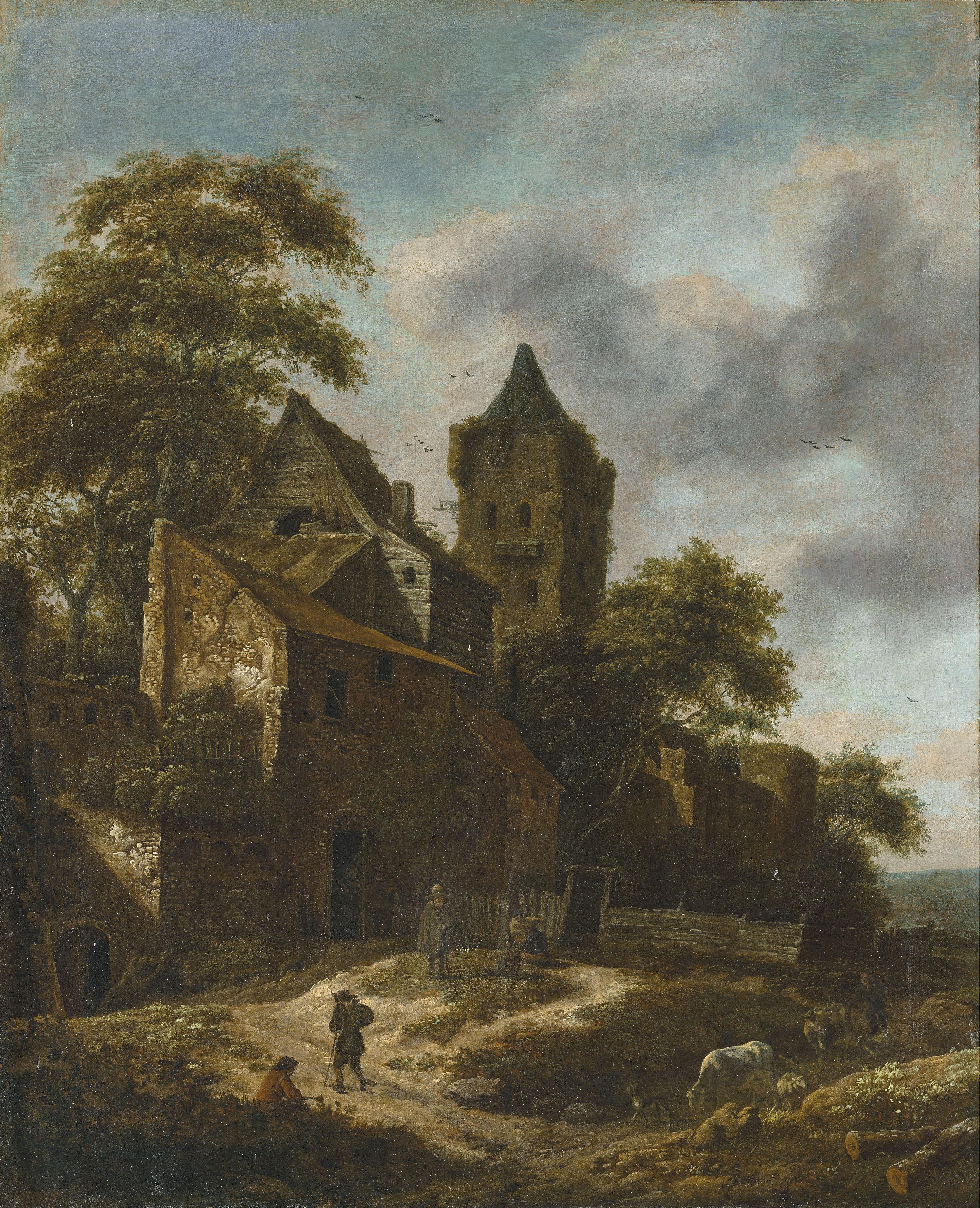 Roelof Jansz. Van Vries - A landscape with cattle and figures on a path by a cottage