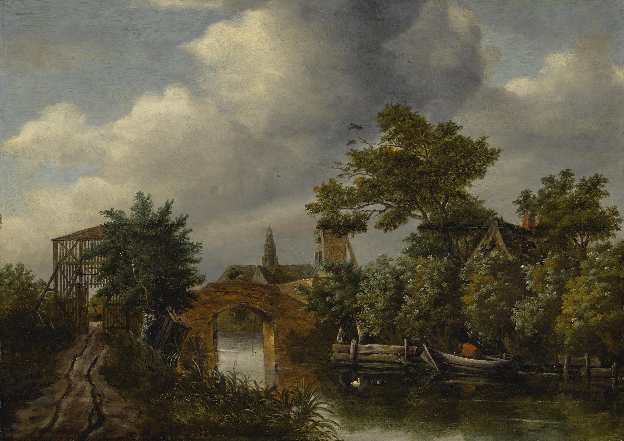 Roelof Jansz. Van Vries - A River Landscape With A Wooden Gate, A Bridge, A Nearby Village, A Boat, And Figures