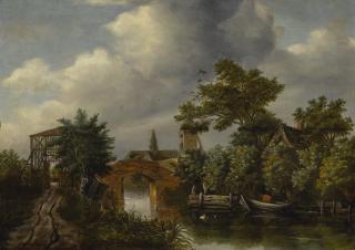 Roelof Jansz. Van Vries - A River Landscape With A Wooden Gate, A Bridge, A Nearby Village, A Boat, And Figures