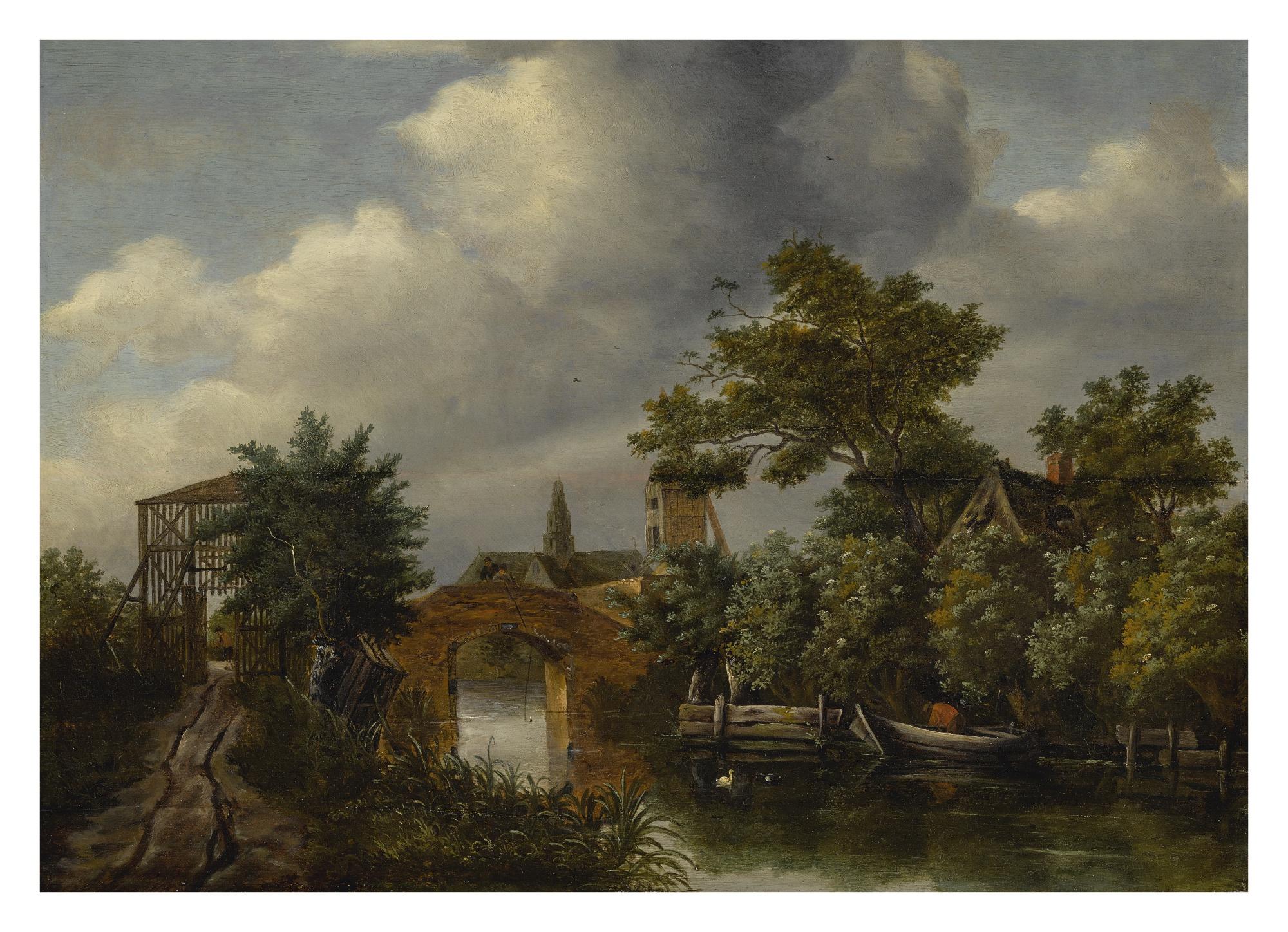 Roelof Jansz. Van Vries - A River Landscape With A Wooden Gate, A Bridge, A Nearby Village, A Boat, And Figures