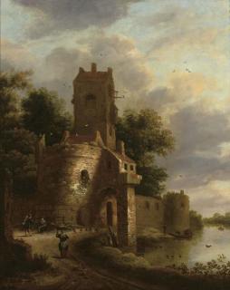 Roelof Jansz. Van Vries - A river landscape with peasants and travellers on a path before a fortified tower