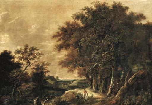 Roelof Jansz. Van Vries - A wooded landscape with a peasant greeting a rider