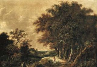 Roelof Jansz. Van Vries - A wooded landscape with a peasant greeting a rider