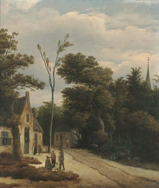 Roelof Jansz. van Vries - A wooded landscape with villagers conversing by a track