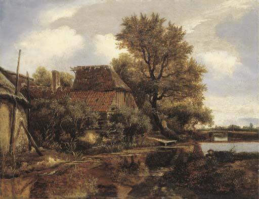 Roelof Jansz. Van Vries - A wooded river landscape with anglers by a cottage