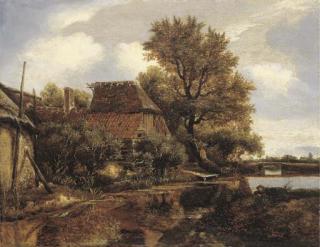 Roelof Jansz. Van Vries - A wooded river landscape with anglers by a cottage