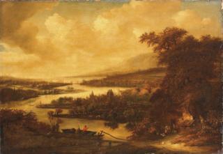 Roelof Jansz. van Vries - A Wooded River Landscape With Fishermen In A Boat And Hunters On A Track, A Town Beyond
