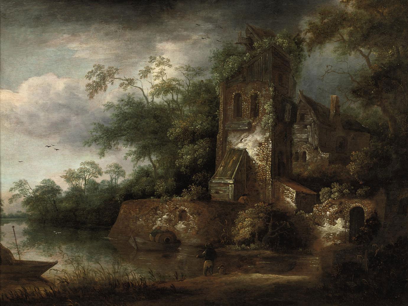 Roelof Jansz. van Vries - A wooded river landscape with fishermen near a ruined tower
