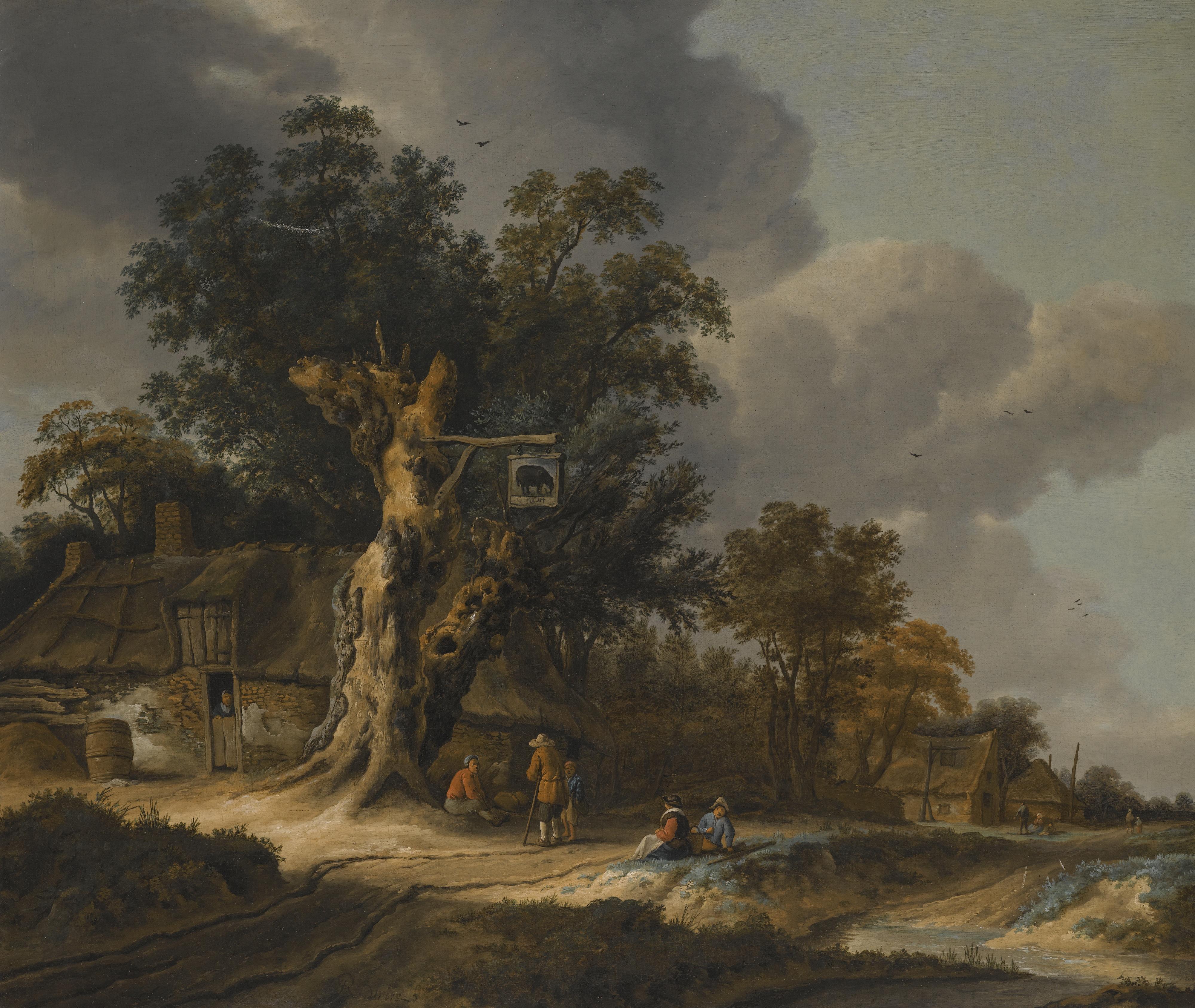Roelof Jansz. Van Vries - Landscape With Figures Outside A Wayside Inn