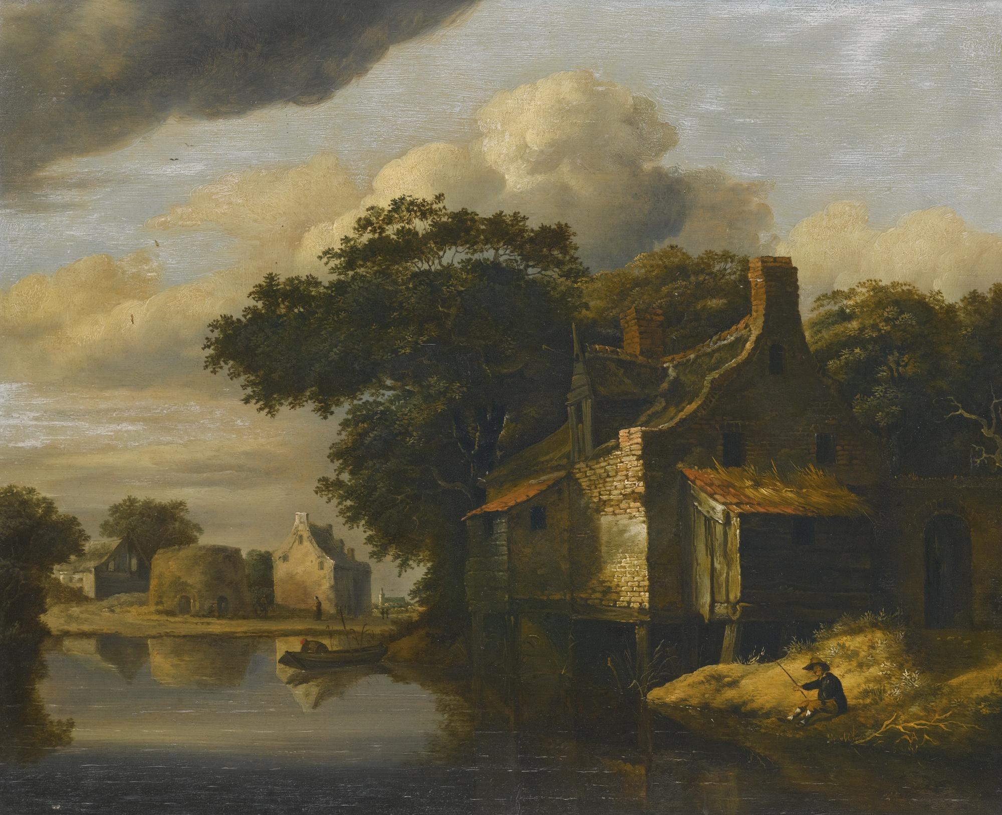 Roelof Jansz. Van Vries - View Of A Village Across A River, With A Man Fishing In The Foreground