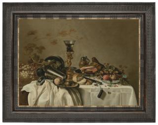 Roelof Koets I - A gilt bekerschroef with the figure of Bacchus, pewter tableware, an earthenware jug, carved ham, bread, grapevines and fruit in a blue and white Wanli bowl, on a draped table