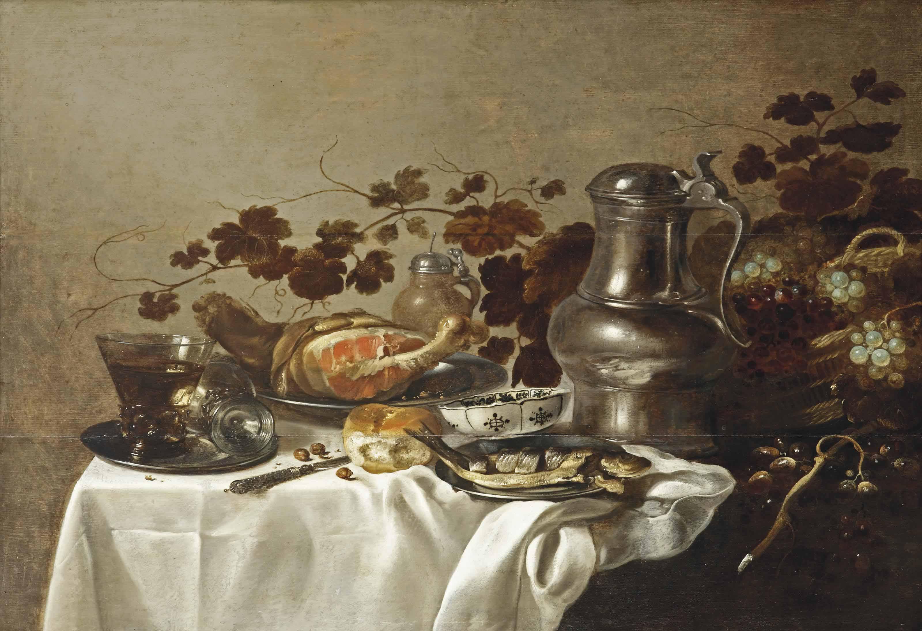 Roelof Koets I - A Silver Plate With Two Roemers, A Sliced Ham And Fish, A \'Wan-Li\' Porcelain Bowl, Bread, A Tin Jug And Wicker Basket With Grapes And Vines, All On A Partially Draped Table