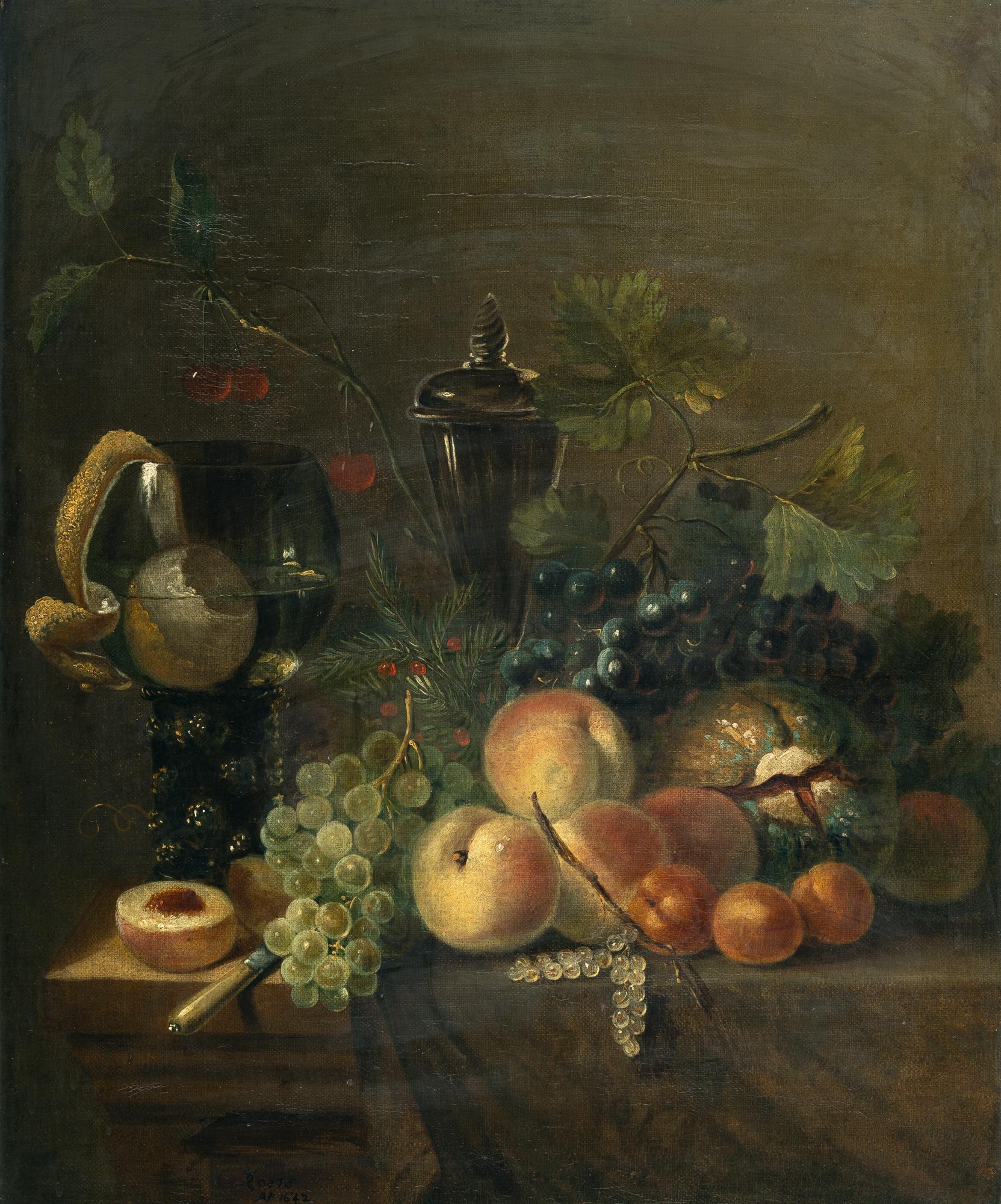 Roelof Koets I - Früchtestillleben mit Römer, Pfirsichen und Trauben