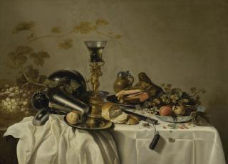 Roelof Koets The Elder - Still Life Including A Gilt Bekerschroef, Pewter Table Wear, A Carved Ham And Fruit In A Blue And White Wanli Bowl, On A Draped Table