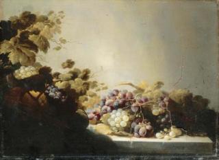 Roelof Koets - Grapes on a stone ledge with citrus fruits in a basket