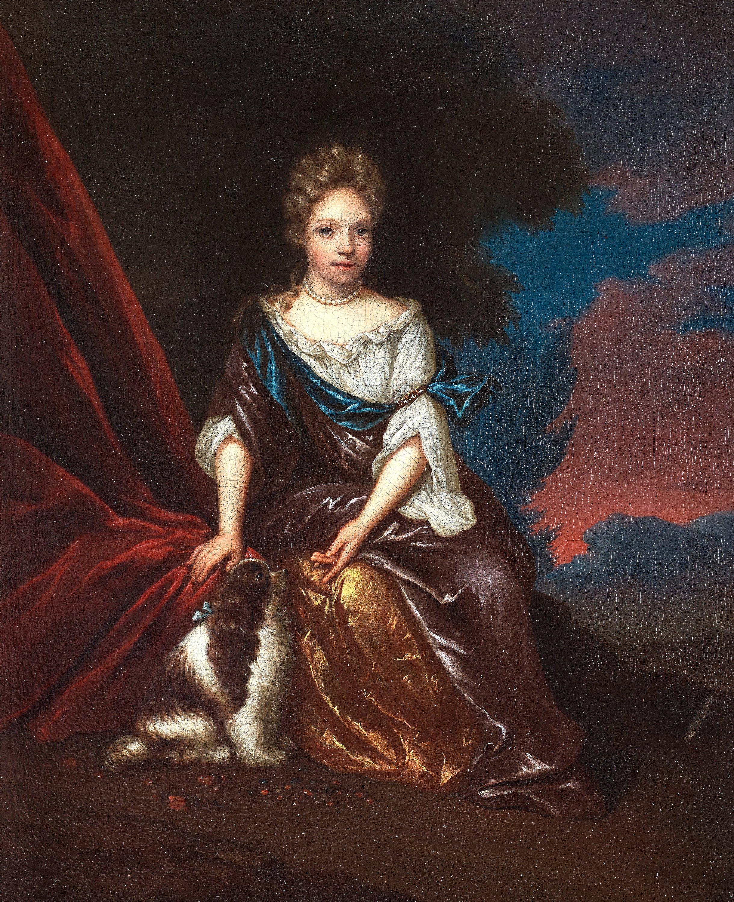 Roelof Koets - Young lady and a dog sitting in a landscape