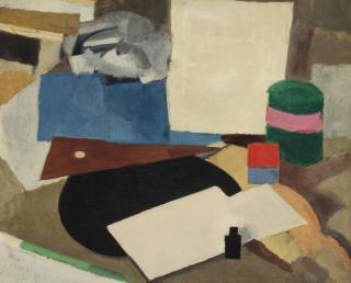 Roger De La Fresnaye - Nature morte à l\'équerre sur disque noir, avec bouteille d\'encre