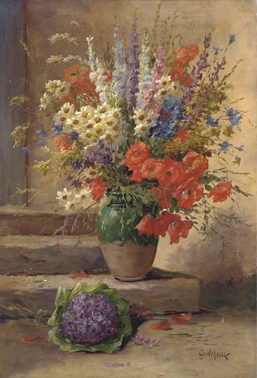Roger Godchaux - Summer flowers in a vase on a step