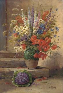 Roger Godchaux - Summer flowers in a vase on a step