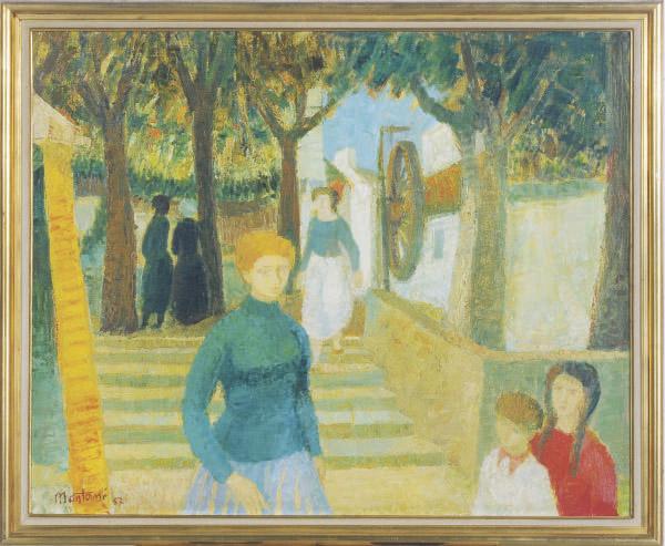 Roger Montané - Locmaria, l\'escalier: woman on the village steps, Locmaria, Brittany