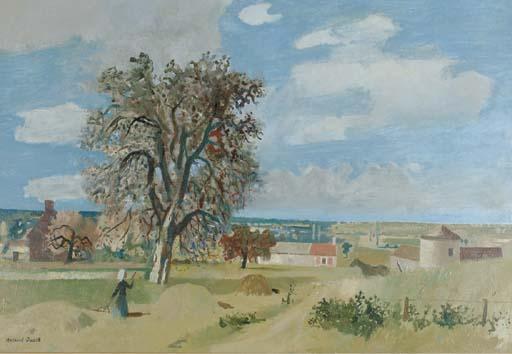 Roland Oudot - A View of A Farm With A Figure Harvesting