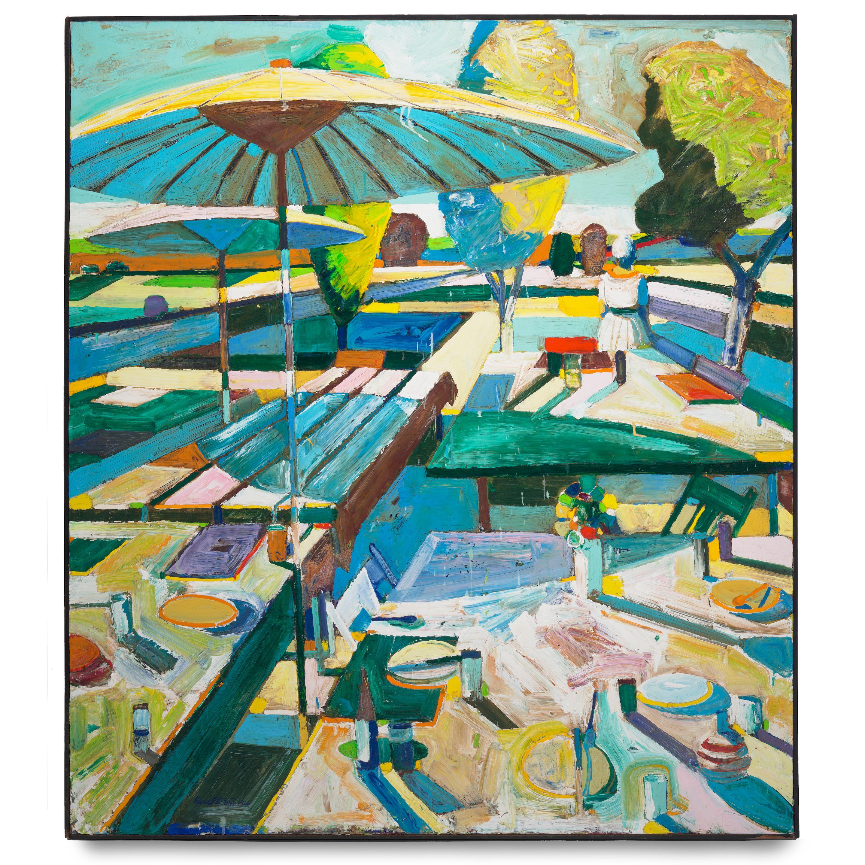 Roland Petersen - Picnic Tables with Two Parasols (September Luncheon), circa 1967