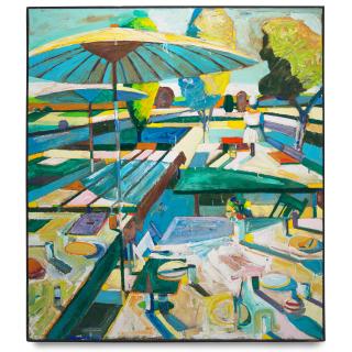 Roland Petersen - Picnic Tables with Two Parasols (September Luncheon), circa 1967