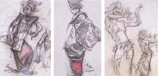 Roland Strasser - Drawings Of Various Dancing Postures And Profiles: Dancing Girl With A Fan; Portrait Of A Japanese Woman And Two Balinese Girls Dancing