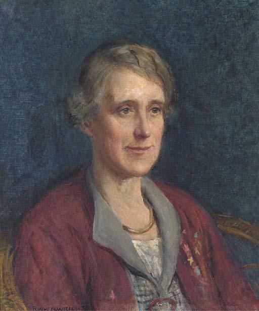 Roland Wheelwright - Portrait of A Lady, Seated Bust-Length, In A Maroon Cardigan And Brooch