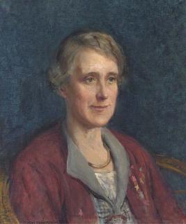 Roland Wheelwright - Portrait of A Lady, Seated Bust-Length, In A Maroon Cardigan And Brooch