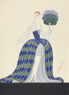 Romain De Tirtoff Erté - An elegant lady in a blue and silver gown (recto); A sketch of a woman knitting (verso)