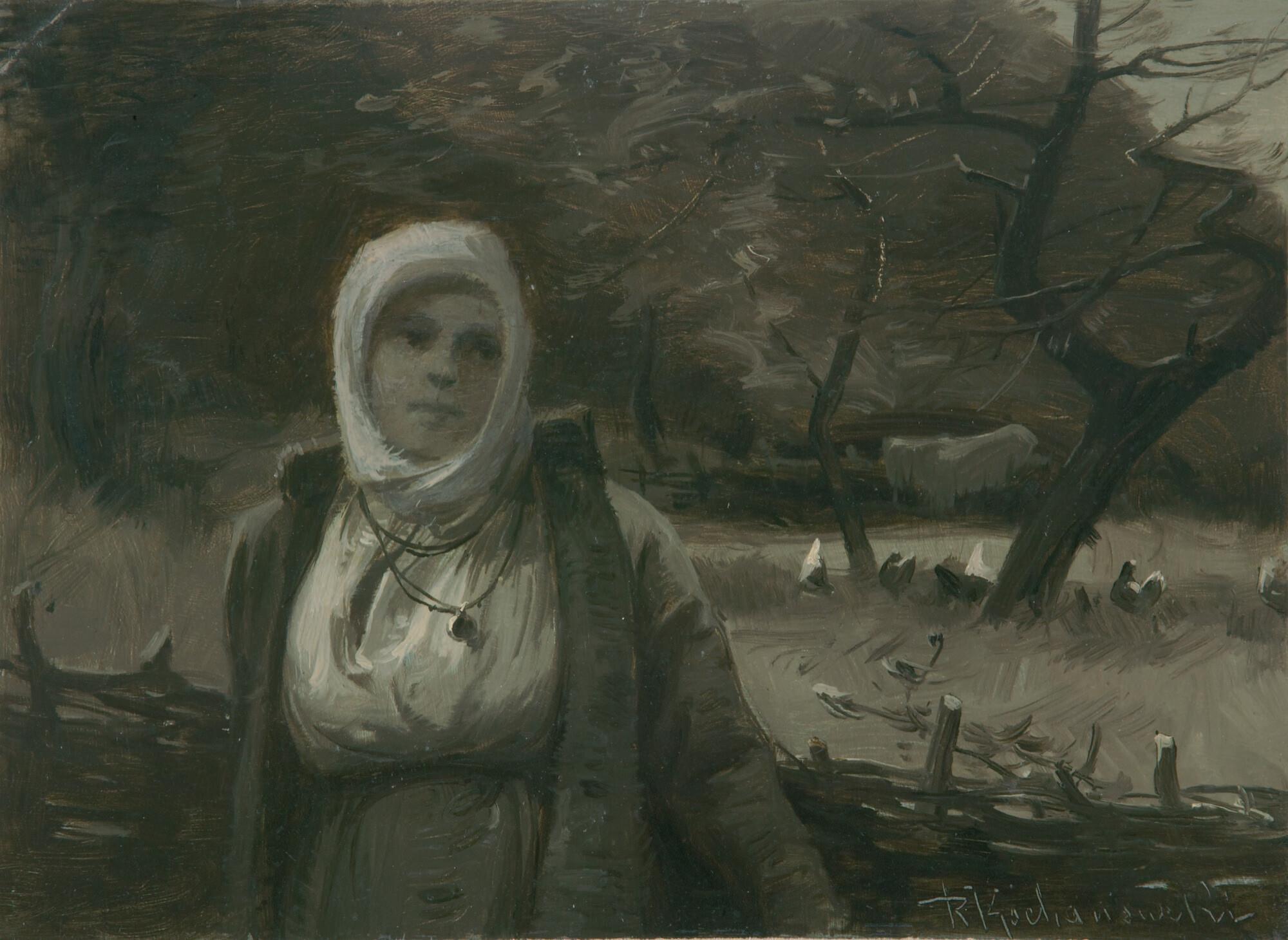 Roman Kochanowski - Junge Bäuerin in Halbfigur vor einem geflochtenen Zaun.