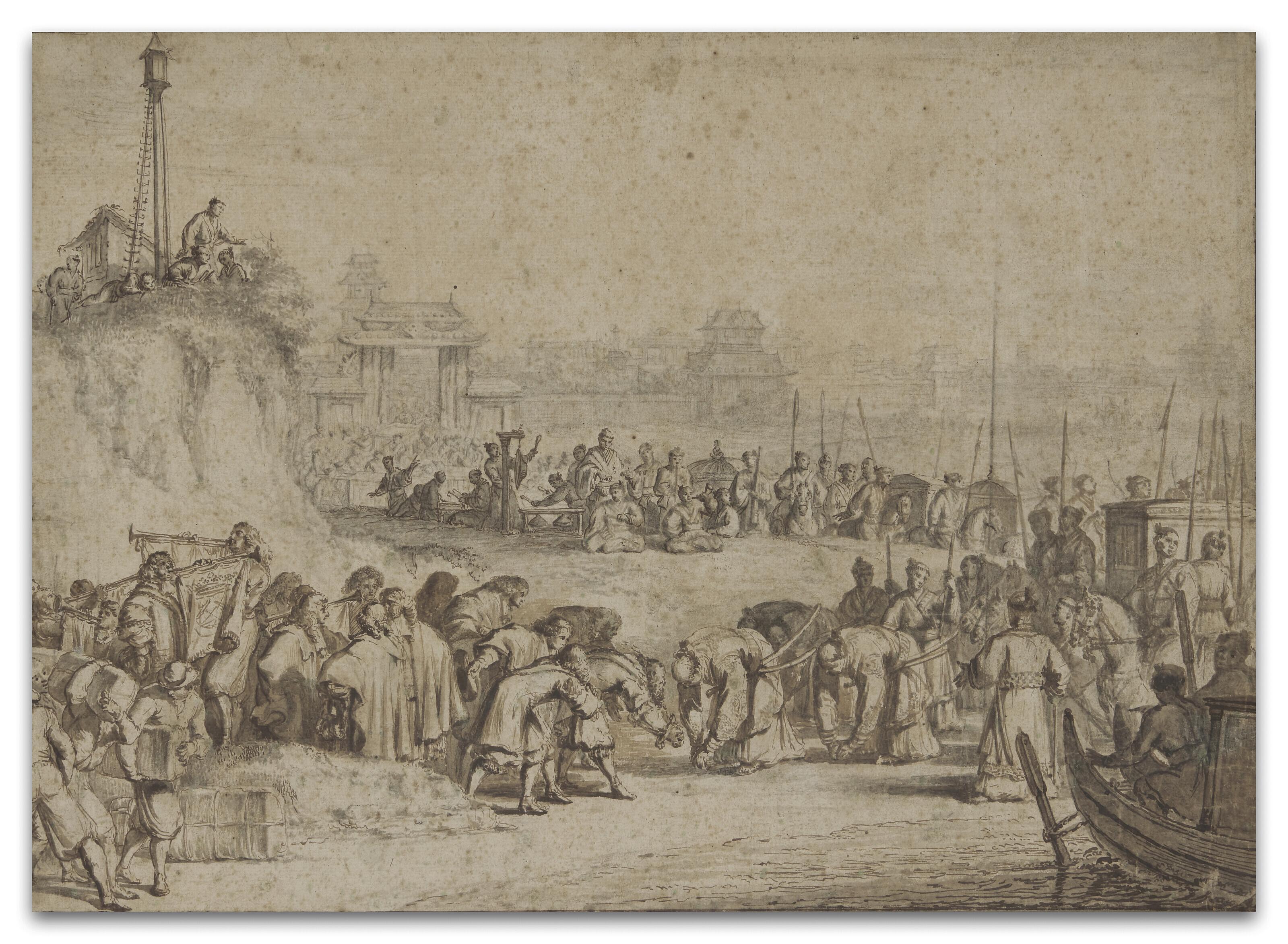 Romeyn De Hooghe - Arrivée D\'Un Cortège En Chine Par La Mer